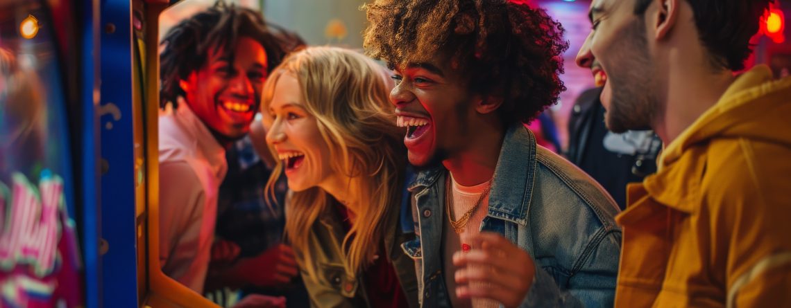 Friends playing arcade cabinets