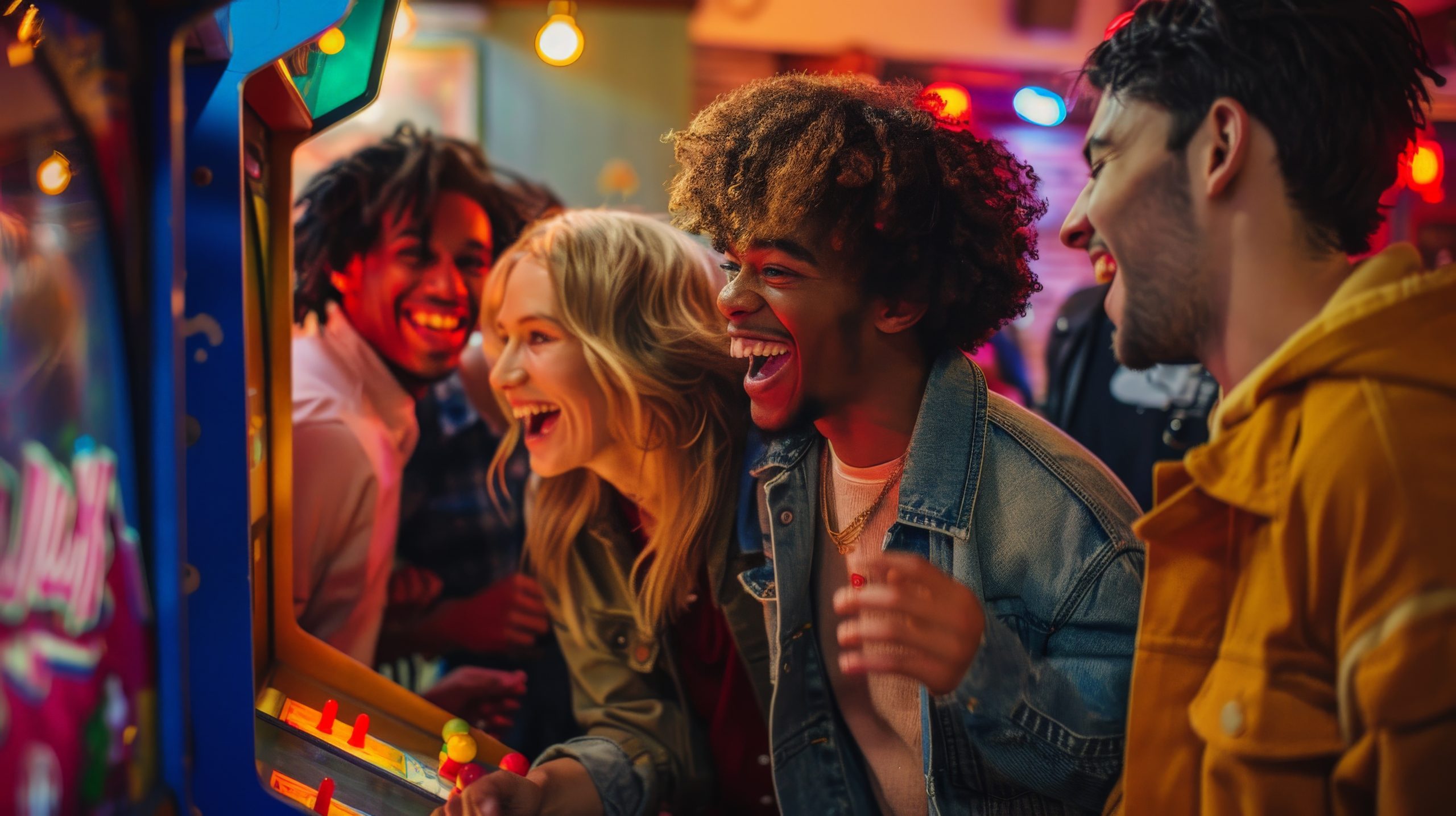 Friends playing arcade cabinets