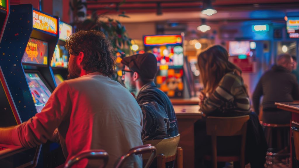 Friends enjoying a retro games in the arcade